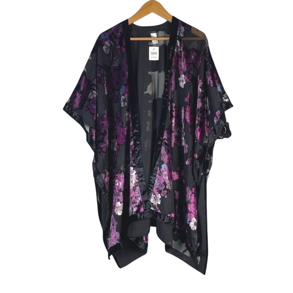 J Jill Velvel Burnout Ruana in Spirited Floral‎ One Size NEW Purple Black Boho